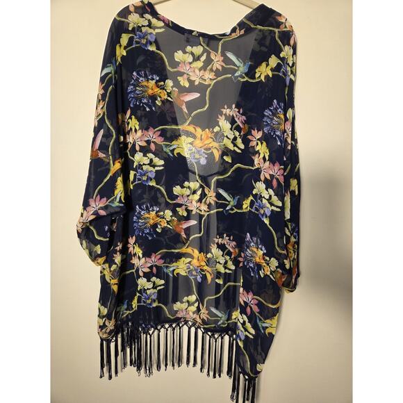 Carmen XL Marc Valvo Kimono Tied Topper Black Floral Hummingbird Fringed Boho - Picture 5 of 9